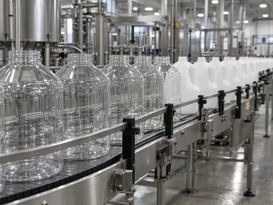 Plastic jars and jugs on a bottling line conveyor